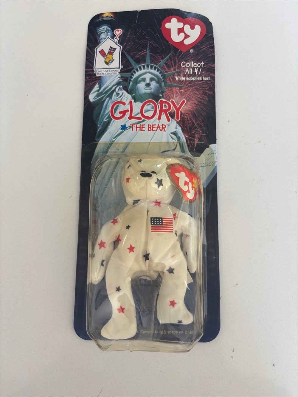 Ty Glory The Bear White Plush with Red & Blue Star Accents